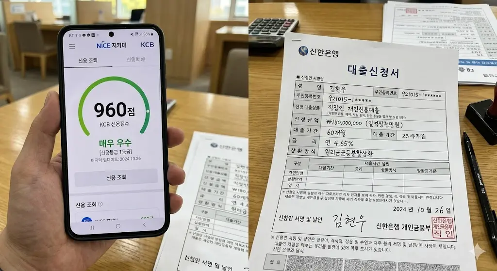 나이스 지키미나 KCB 신용점수 960점이 찍힌 모바일 앱 화면과 은행 대출 서류 사진