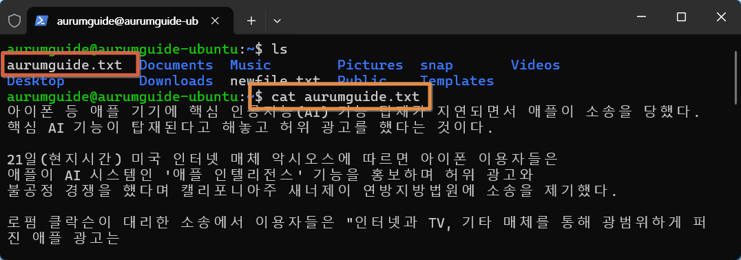 Ubuntu cat 명령어로 파일의 내용을 화면에 출력합니다.