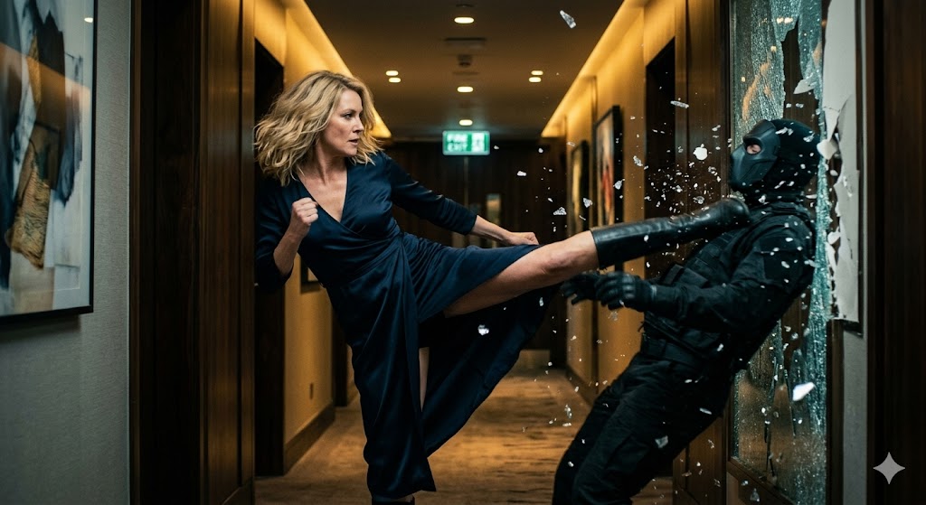 Cameron Diaz executing a high flying kick against an assassin in a narrow hallway.