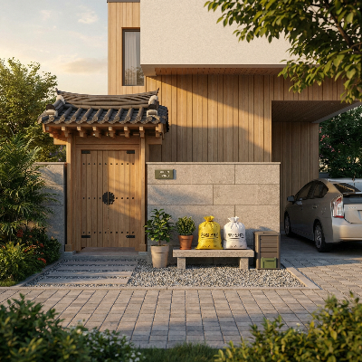 현대적인 한국 주택 현관 옆에 일반 쓰레기 봉투와 음식물 쓰레기 봉투가 정갈하게 묶여 배출 준비가 된 모습. 해 질 녘의 부드러운 빛이 비치며, 깨끗한 환경을 유지하는 선진 시민의 일상을 보여주는 8k 초고해상도 라이프스타일 사진