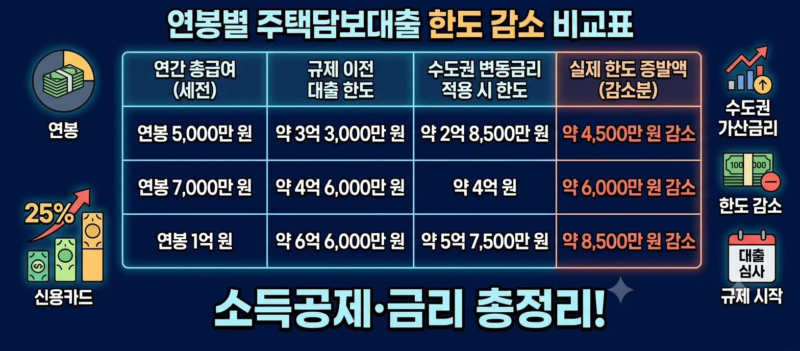 연봉별 스트레스 DSR 주택담보대출 한도 축소액 및 수도권 비수도권 비교표