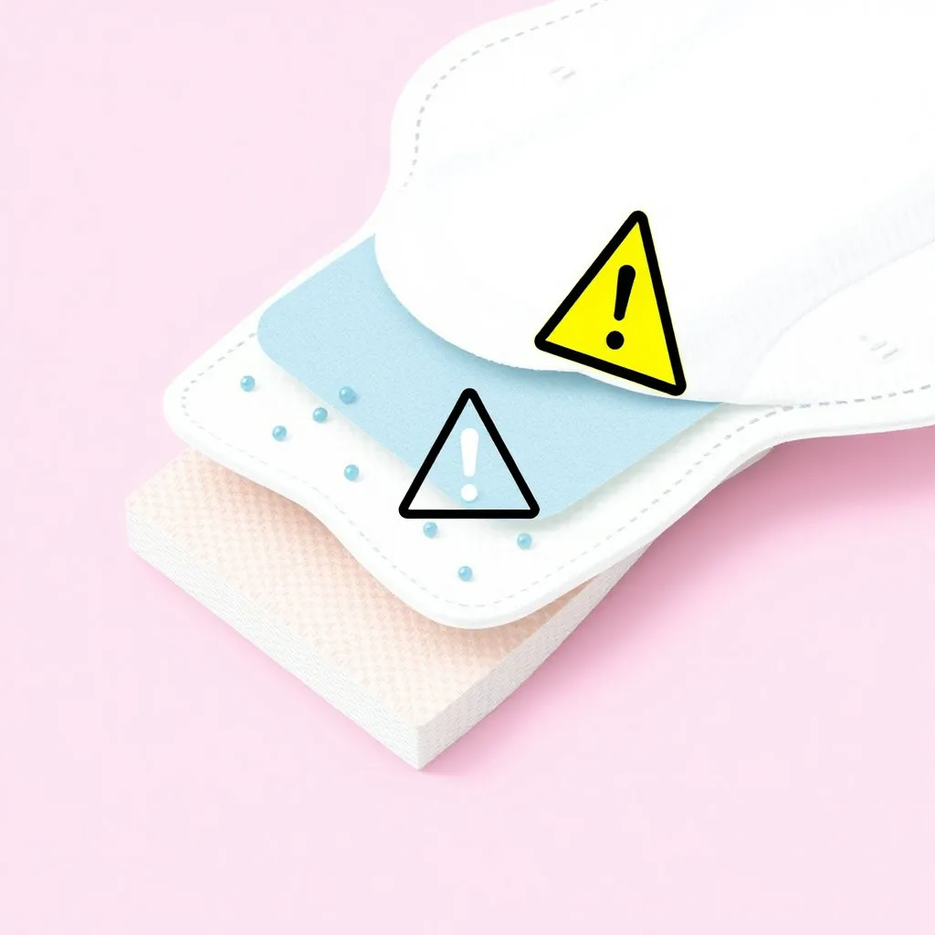생리대의 흡수층과 표면층을 겹겹이 보여주는 단면도 형태의 인포그래픽. 각 층에 미세플라스틱을 나타내는 작은 점들이 박혀있는 모습을 표현하며, 경고 메시지 아이콘이 함께 배치되어 있습니다.