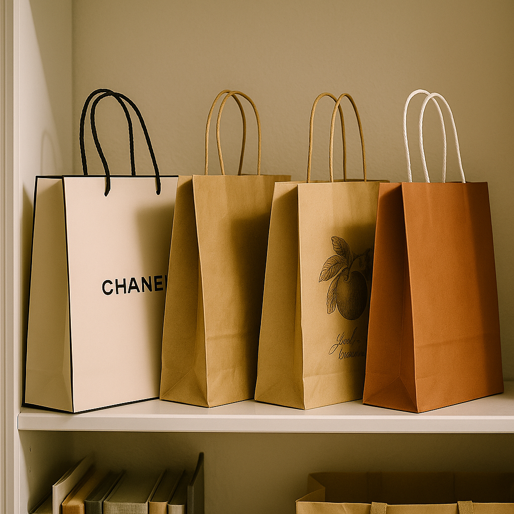 화이트 선반 위에 샤넬 종이백을 포함한 다양한 디자인과 색상의 종이가방 네 개가 나란히 놓여 있는 모습. 종이가방은 재활용 아이템처럼 보이며, 아늑한 실내 공간 배경이 함께 담겨 있다.