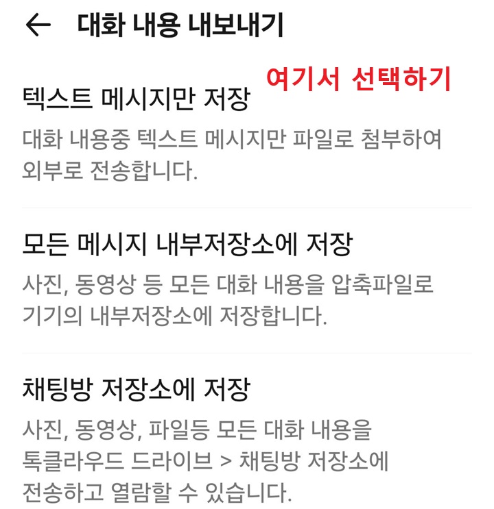 대화 내용 내보내기 페이지에서 3가지 선택지 보임