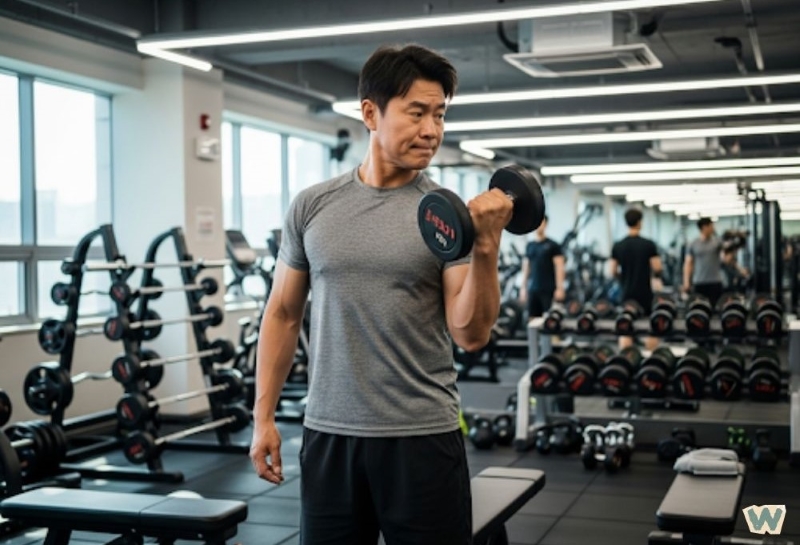 헬스장에서 아령 운동을 하는 중년 남성 via canva