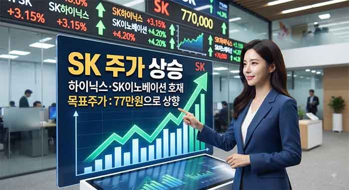 SK 주가 상승과 목표주가 77만 원을 나타내는 화면.