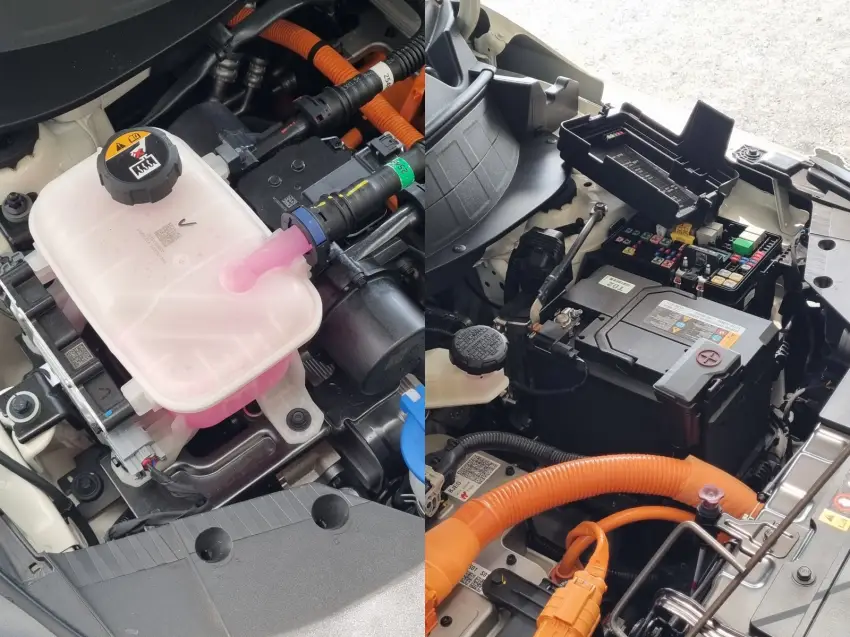왼쪽은 전동식 워터 펌프, 오른쪽은 12V 보조 배터리를 점검 받던 모습입니다.