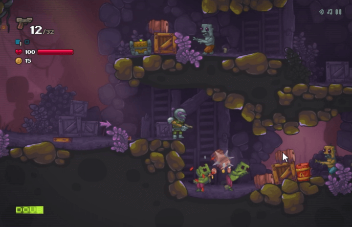 드럼통을-떨어트려-좀비들을-처치하는-화면