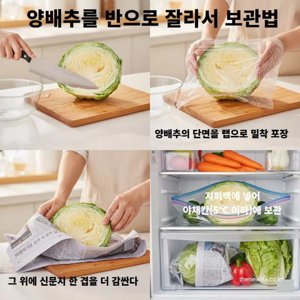 양배추를 반으로 잘라서 보관법– 자른 양배추의 단면을 랩으로 밀착 포장하고, 신문지로 한 겹 감싼 뒤 지퍼백에 넣어 냉장 보관하는 과정.