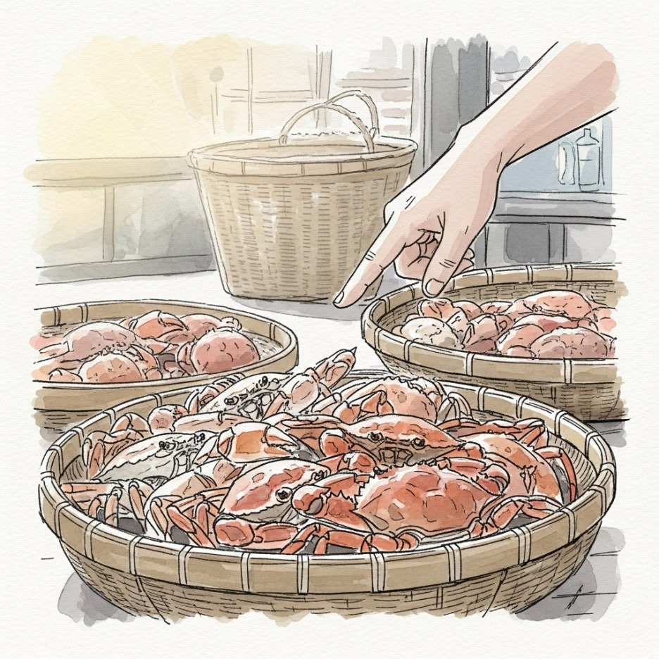 바구니에 담긴 신선한 게를 고르는 시장 풍경