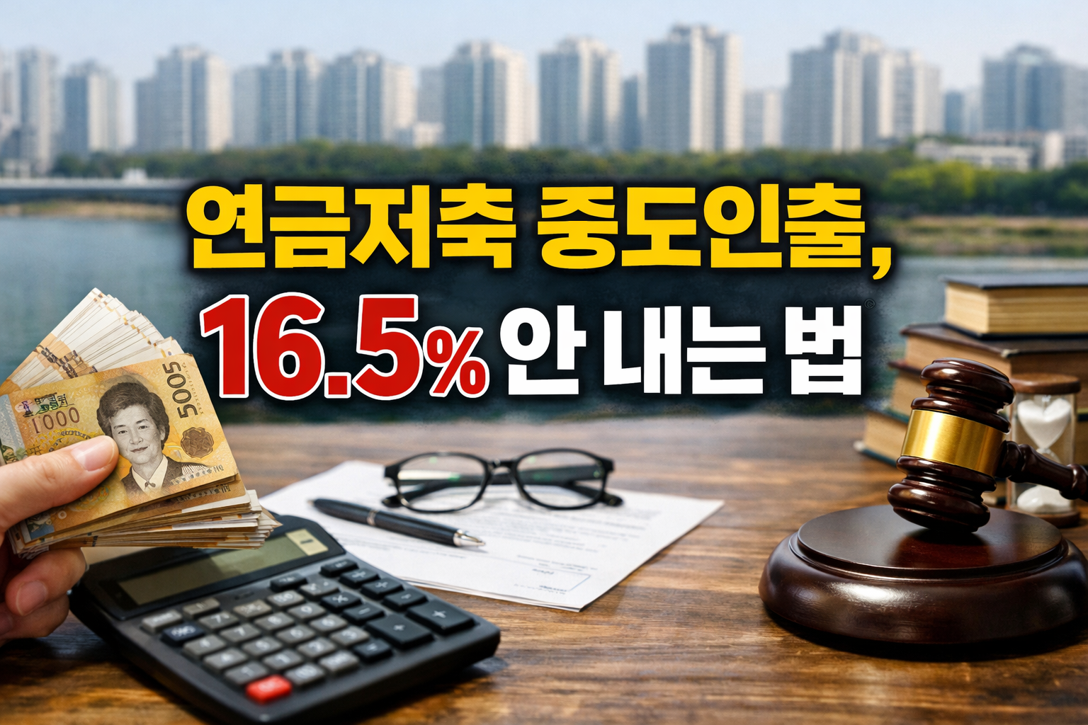 연금저축 중도인출 16.5% 세금 안 내는 법을 설명하는 썸네일, 현금과 계산기·판결봉 이미지