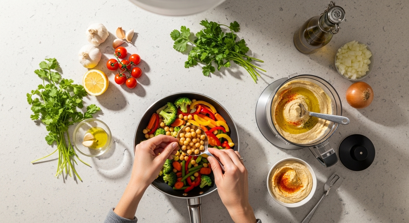 병아리콩으로 후무스나 건강한 식사를 준비하는 손, 당뇨 관리를 위한 요리 과정을 보여줍니다.