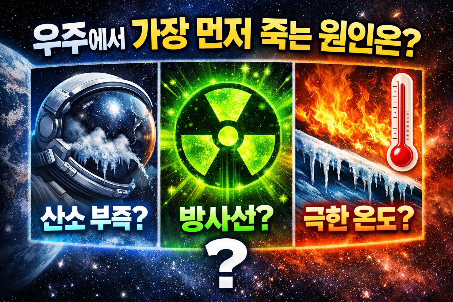 우주에서 사람이 가장 먼저 죽는 원인은 산소 vs 방사선 vs 온도
