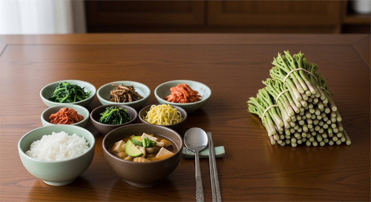 보관한 두릅과 간단한 봄 식탁을 함께 보여주는 장면