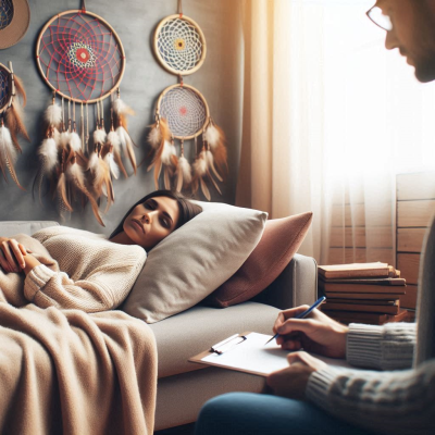 남자가 드림캐쳐 옆에서 꿈을 기록하고 있는 모습