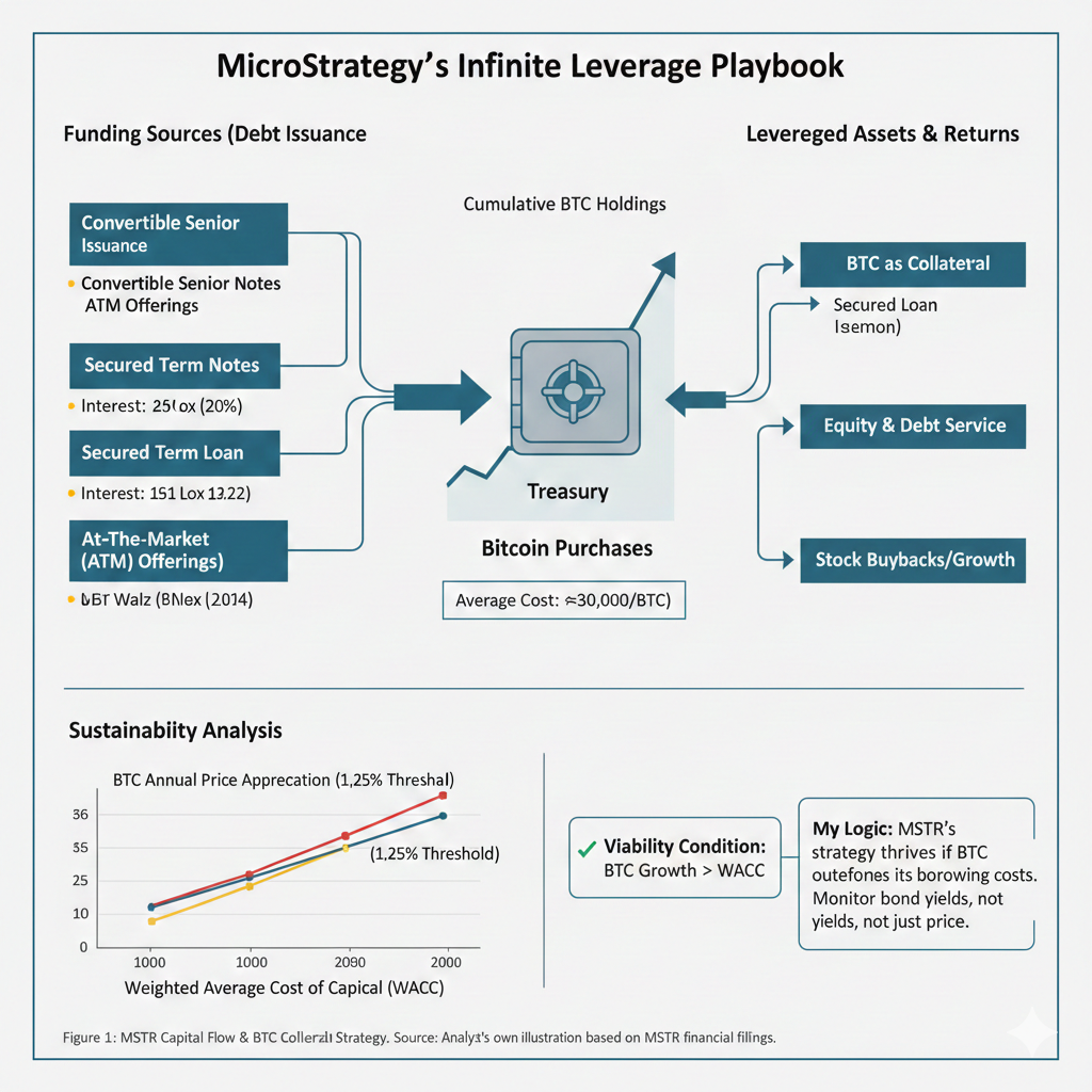 MSTR의 무한 레버리지 전략 구조도: 비트코인 상승률이 자본 비용(WACC)을 상회할 때 발생하는 선순환 구조 (자체 분석)