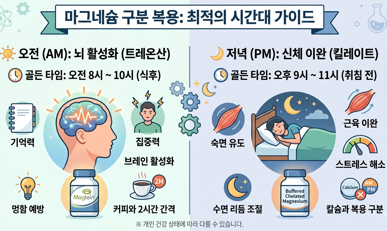 <img src="best-magnesium-selection-guide.jpg" alt="아침에는 뇌 활성화를 위한 트레온산 마그네슘, 저녁에는 신체 이완을 위한 킬레이트 마그네슘을 구분하여 복용하는 최적의 시간대 가이드">