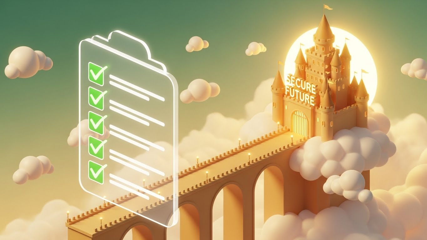 꼼꼼한 정책 확인과 체크리스트를 통해 안전하고 풍요로운 노후의 성으로 연결되는 비즈니스 로드맵 그래픽