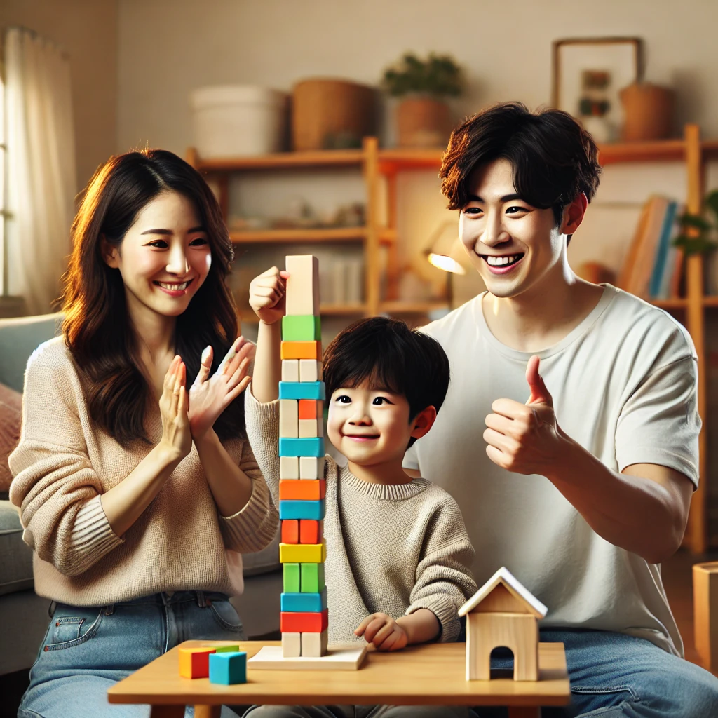 낮은 테이블에서 나무 블록으로 쌓은 탑을 자랑스러워하는 아들을 축하하는 부모, 기뻐하며 박수치는 어머니와 엄지를 들어 보이며 격려하는 아버지, 따뜻한 조명과 아늑한 인테리어가 돋보이는 성장과 지지의 장면.