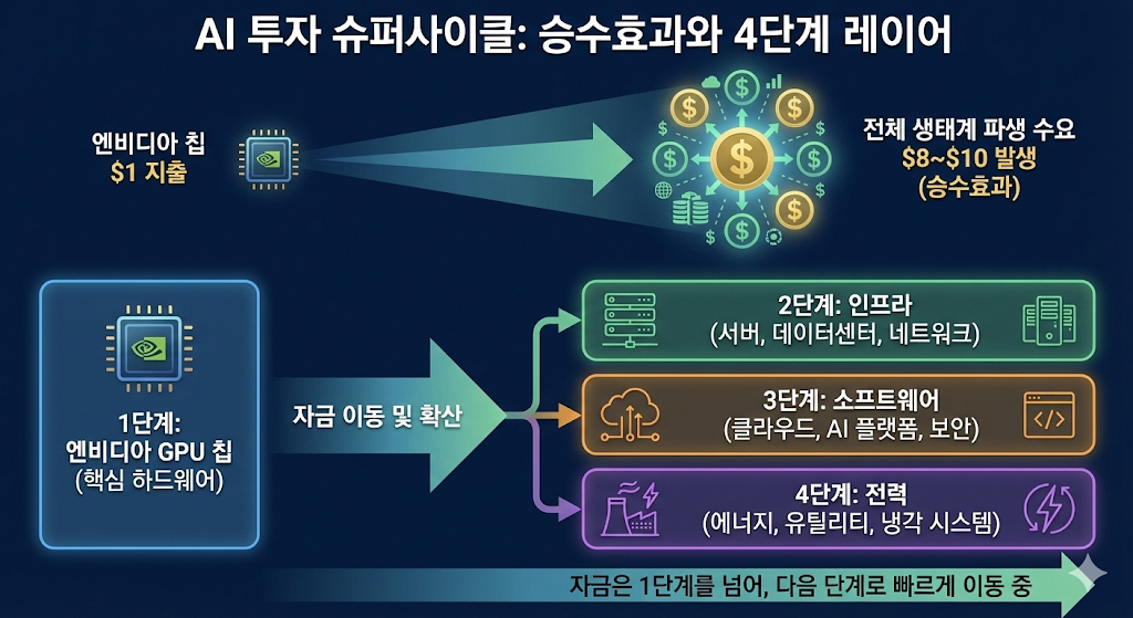 엔비디아 칩에서 시작되어 인프라, 소프트웨어, 전력으로 확산되는 자금 흐름과 승수효과를 나타낸 다이어그램