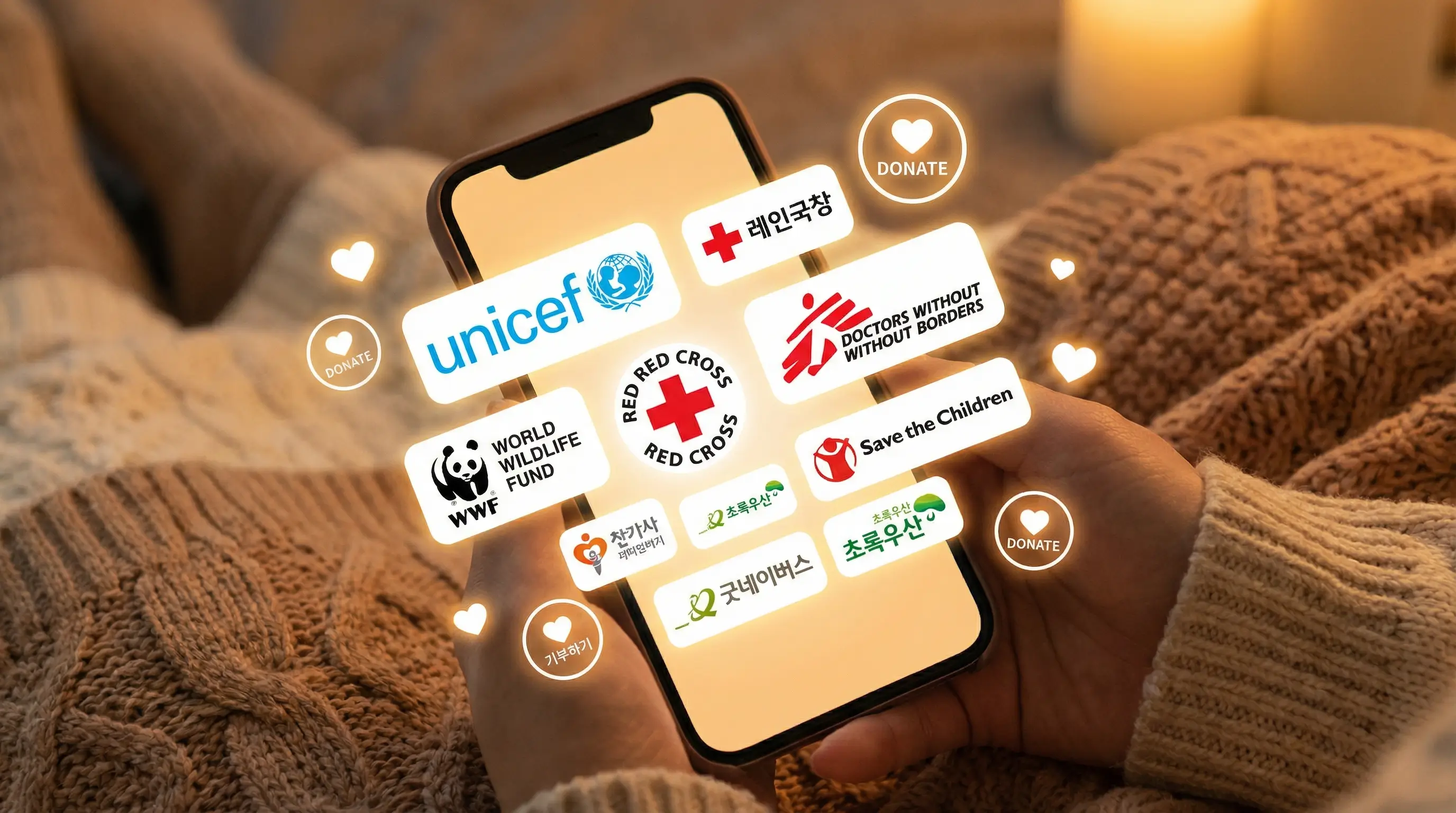 스마트폰 화면에 다양한 후원 단체 로고와 하트 모양 기부 아이콘이 떠 있는 따뜻한 이미지