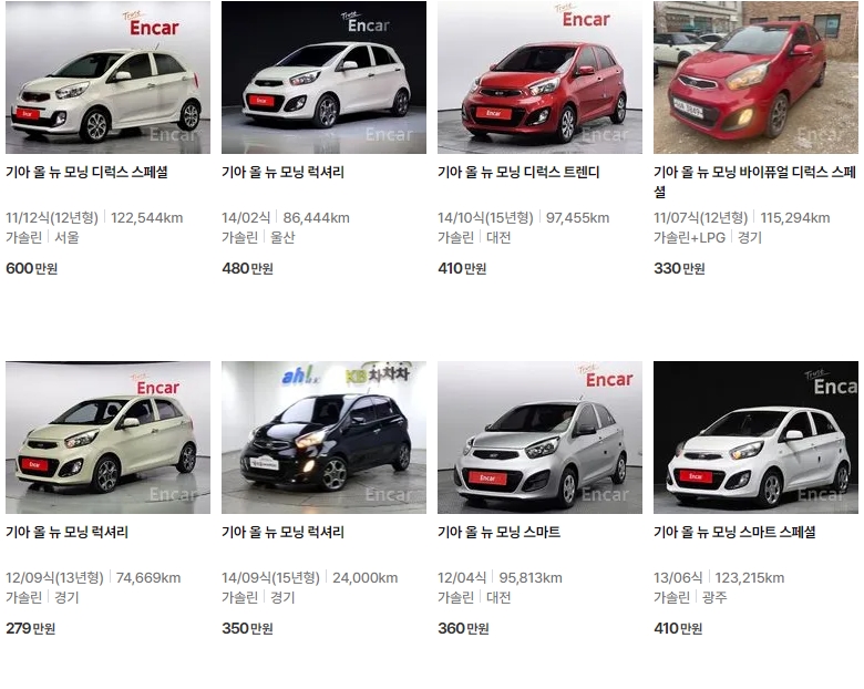 올 뉴 모닝 중고차 가격표 (엔카)