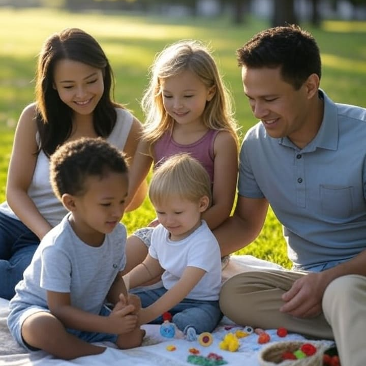 소풍을 즐기며 여유로운 시간을 보내고 있는 모습의 가족의 AI 이미지