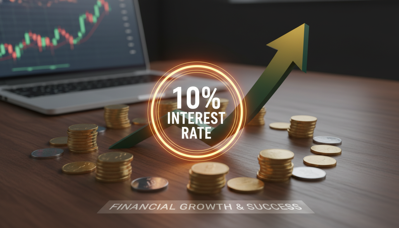 10% 우대이율 혜택과 자산의 꾸준한 상승을 나타내는 금융 3D 그래픽