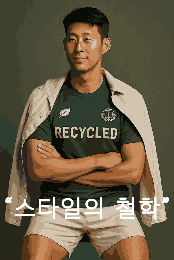 지속 나을한 패션을 실천하는 축구 스타를 표현한 일러스트 이미지, 재활용 티셔츠와 자연을 상징하는 디자인 요소가 돋보이는 콘셉트
