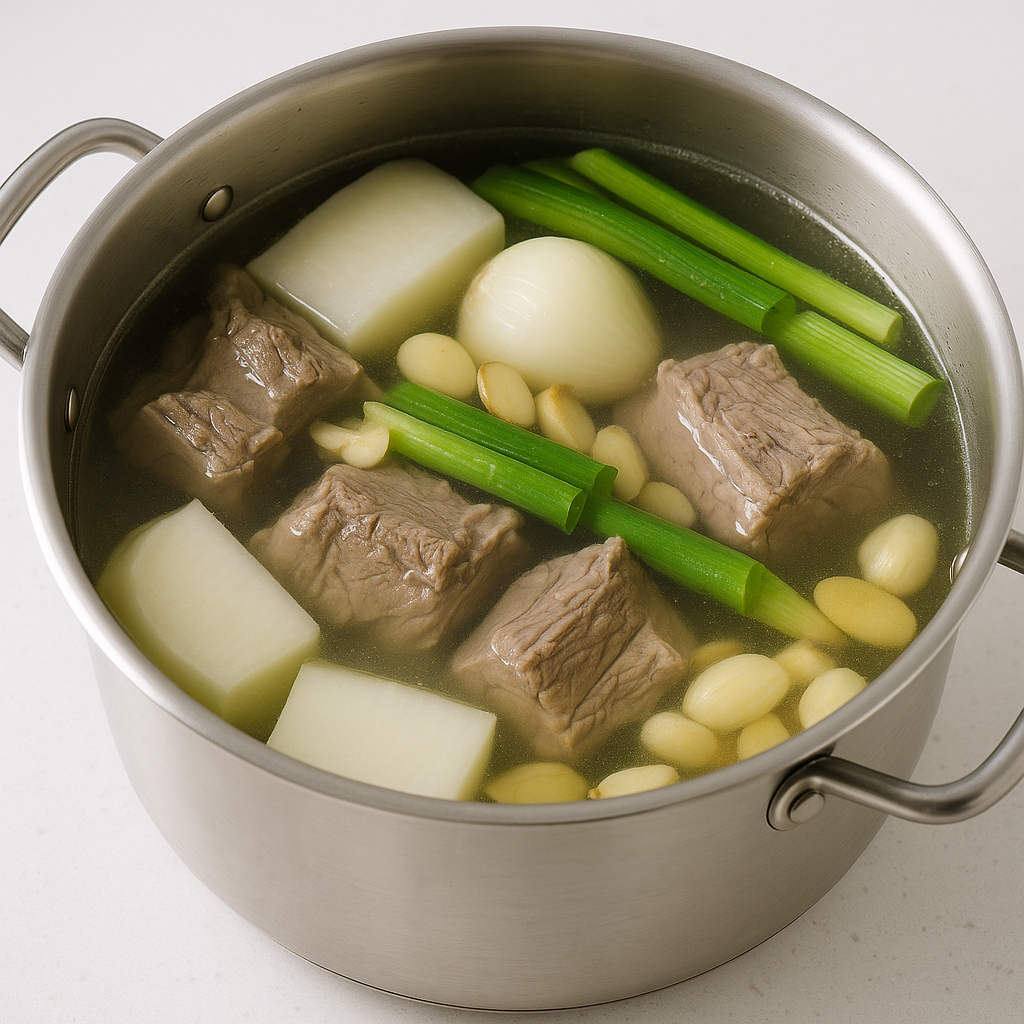 냄비에 갈비, 무, 양파, 대파, 마늘, 생강을 넣고 잠길 만큼 물을 부어 30분간 끓입니다.