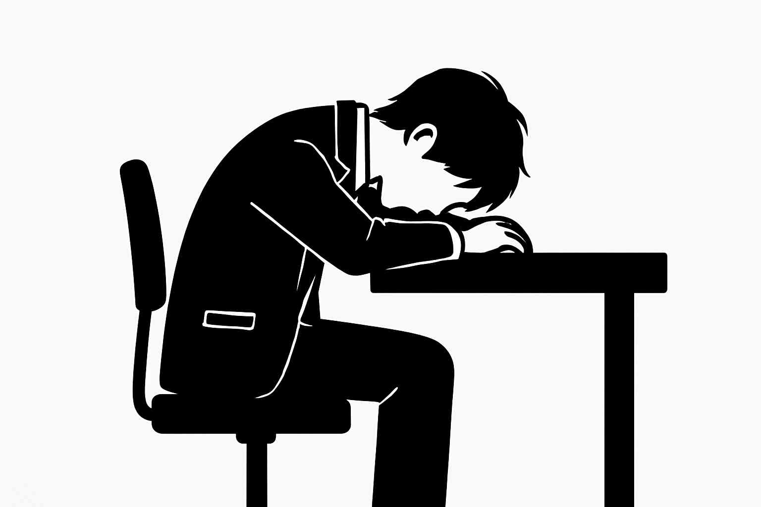 책상에 엎드려 후회하는 직장인 실루엣 이미지