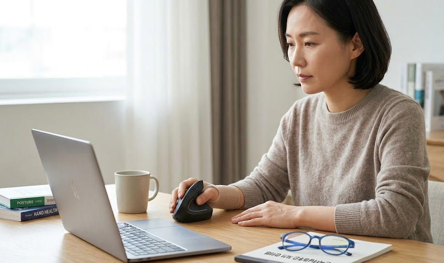 손목터널 증후군 자가 관리를 위해 수직 마우스를 사용하면서 손목 체크를 하고 있는 여성