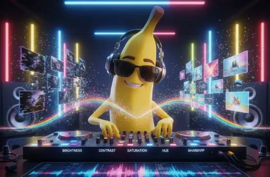 구글 나노바나나 AI 이미지 편집 도구의 DJ 컨셉 마스코트 캐릭터. 헤드폰을 쓴 바나나가 믹싱 콘솔에서 이미지를 편집하는 모습으로, 사이버펑크 스튜디오와 무지개 음파가 특징인 블로그 대표 이미지 (AI image editing tool, nanobamana DJ concept, mixing console, cyberpunk studio design)