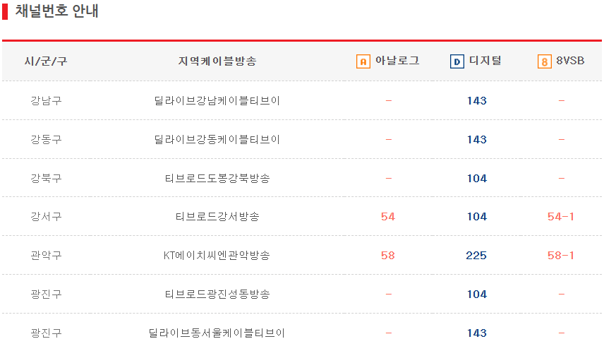 이벤트 TV 채널번호