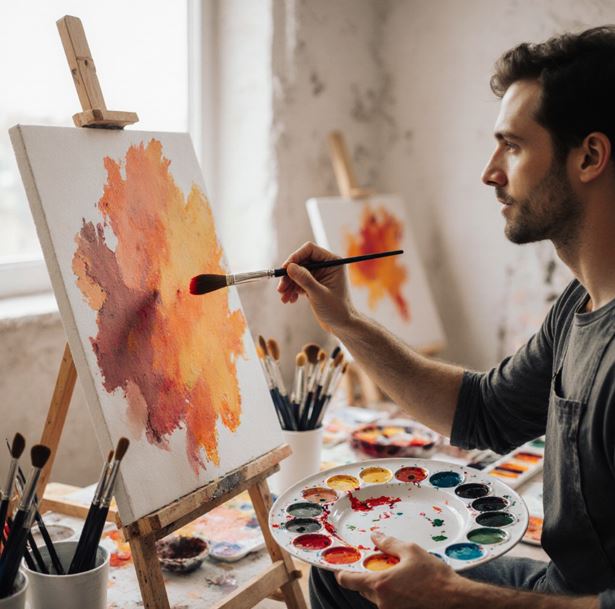 자연광이 들어오는 작업실에서 캔버스 앞에서 자유롭게 그림을 그리고 있는 모습