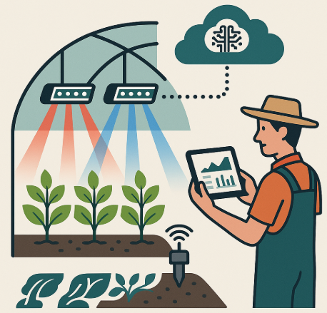 식물 성장 조명 기술을 표현한 인포그래픽. LED 조명이 다양한 파장으로 작물 위에 비추고, 데이터가 클라우드 AI로 분석되어 농민이 모바일 기기에서 확인하는 과정을 시각화한 이미지