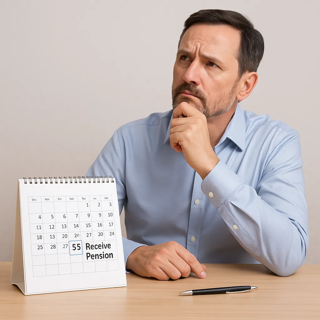 55세 연금 수령을 고민하며 달력 앞에서 생각에 잠긴 중년 남성
