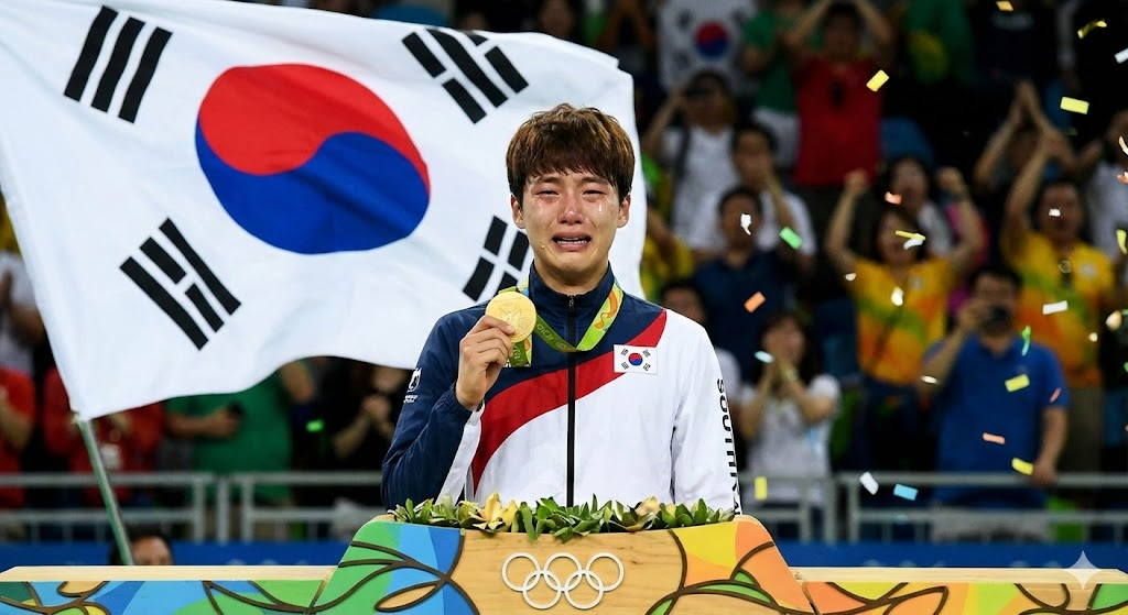 시상대 위에서 환호하는 대한민국 국가대표 선수와 태극기 배경 썸네일