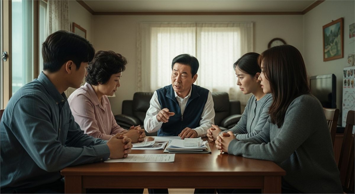 생활비 부담과 지원금 신청 여부를 가족이 함께 상의하는 장면