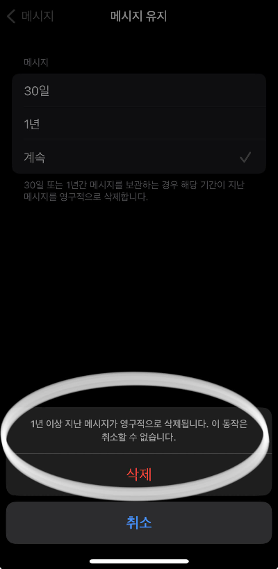 아이폰 메시지 유지 기간 1년 선택
