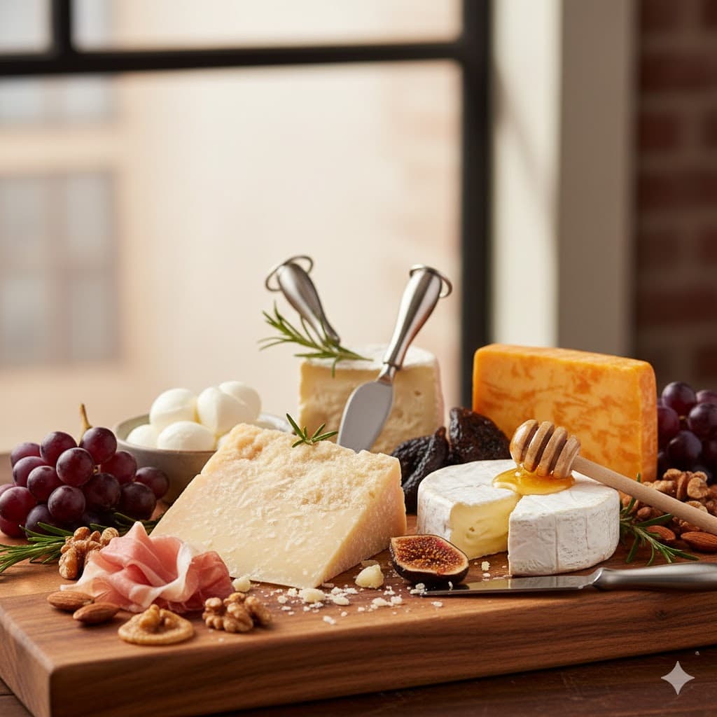 다양한 종류의 숙성 치즈와 신선한 견과류