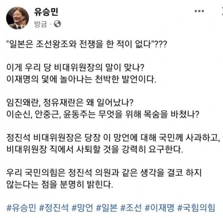정진석 국민의힘 페이스북 친일 일본 발언 분노한 한국사 최태성 강사 인스타 발언