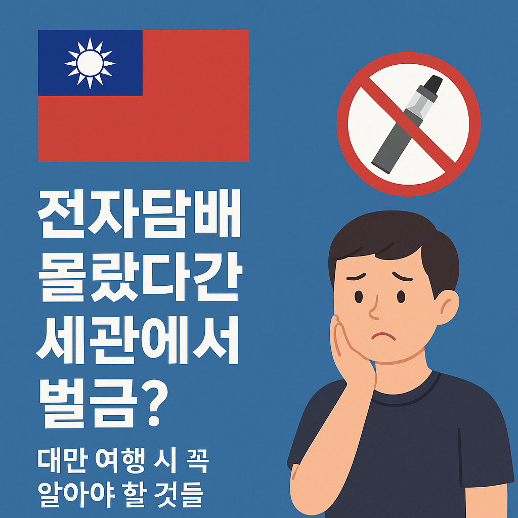 대만 국기가 왼쪽 상단에 표시된 파란색 배경의 경고 이미지. 이미지 중앙에는 '전자담배 몰랐다간 세관에서 벌금?'이라는 굵은 흰색 한글 문구가 적