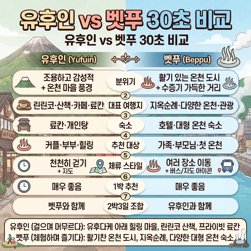 유후인, 벳푸 추천 온천 확인하기