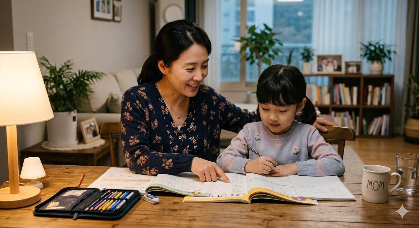 딸이 책상에 앉아 웃으며 공부하는 모습,부모가 살짝 미소짓고 딸의 모습을 바라보는 모습