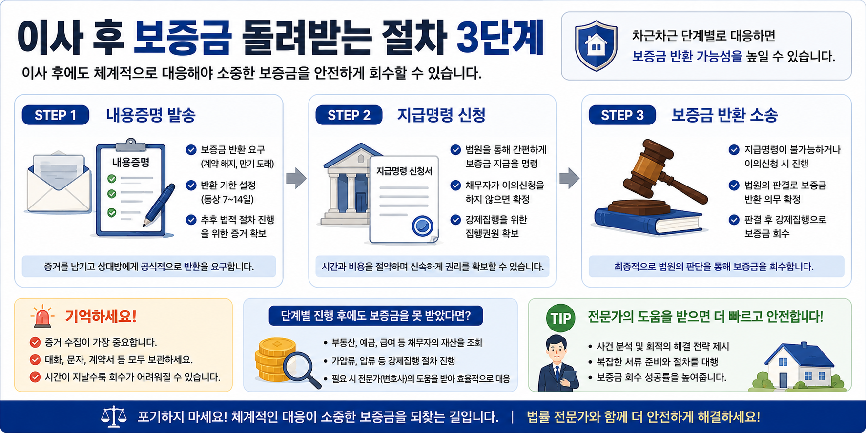 전세보증금을 돌려받지 못한 임차인이 내용증명 발송, 지급명령 신청, 보증금 반환소송 3단계 절차를 통해 이사 후 보증금을 회수하는 방법을 정리한 법률 정보 가로형 인포그래픽 이미지