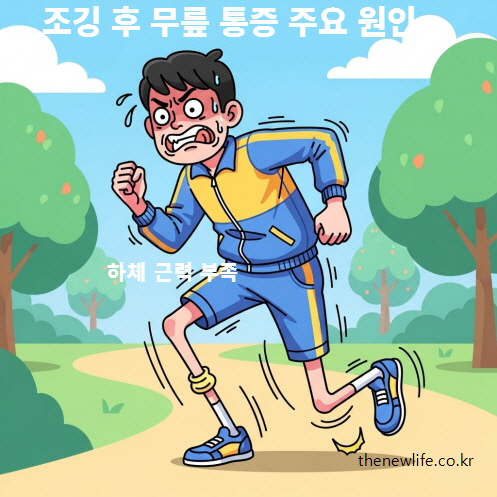 하체 근력이 부족해 조깅 후 무릎 통증을 겪는 남성 러너 일러스트