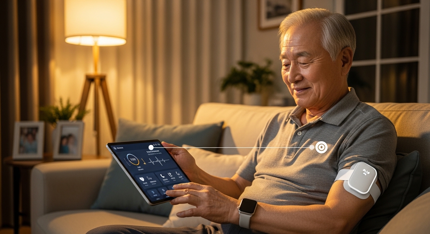 wearing a health-monitoring patch and smart watch, while reviewing personalized health data on a tablet screen