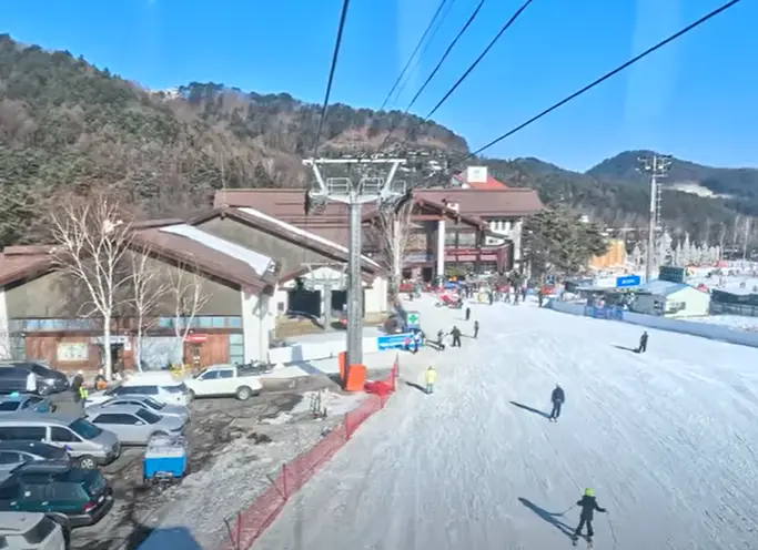 겨울방학 국내 여행지- 파란하늘 아래 초록색 나무들 앞 갈색지붕 스키장사무실 앞 눈밭에서 스키타는 사람들