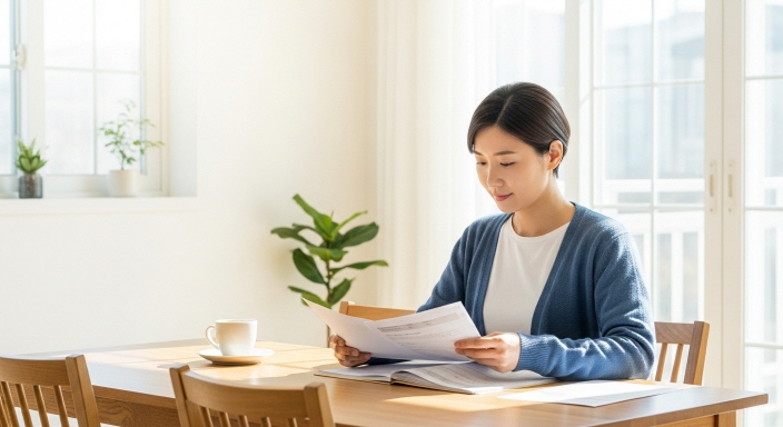 밝은 집안에서 재산세 관련 자료를 정리하는 모습